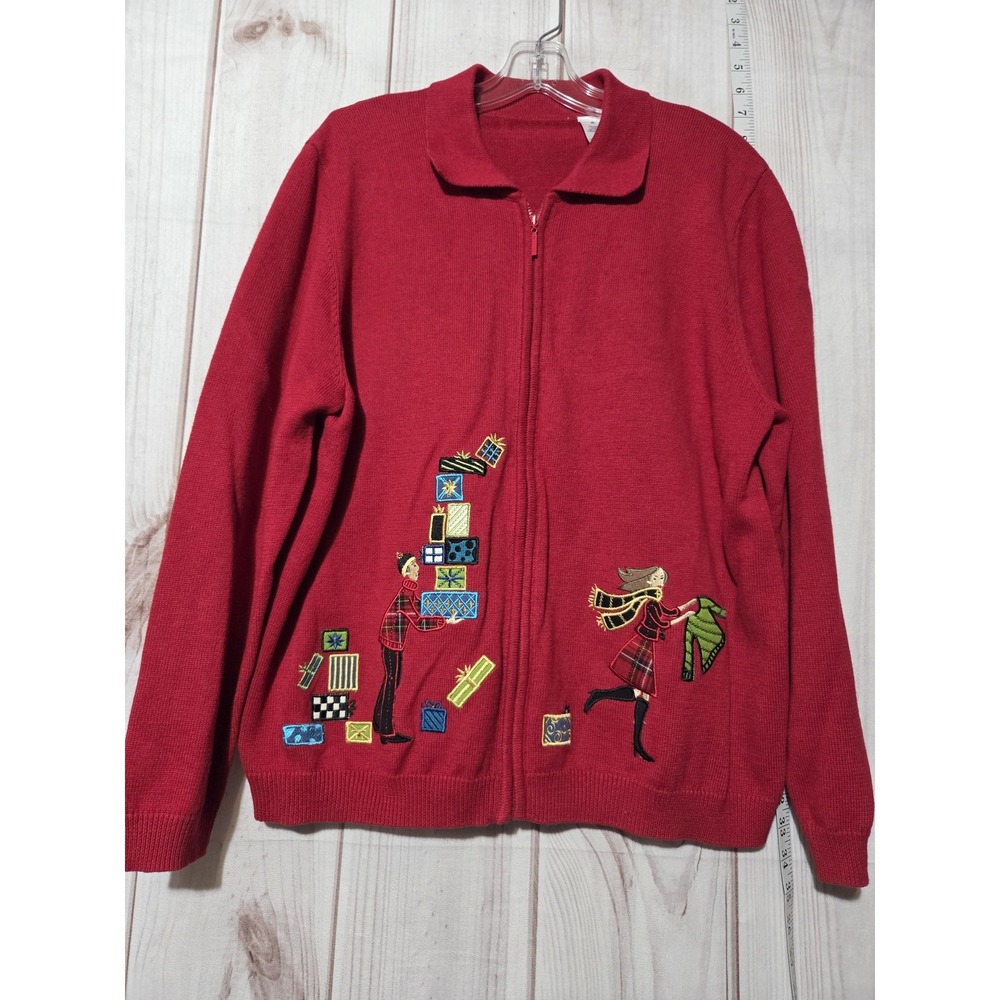 Holiday Time Christmas Cardigan Sweater Womens XL Red Embroidered Gifts Full Zip